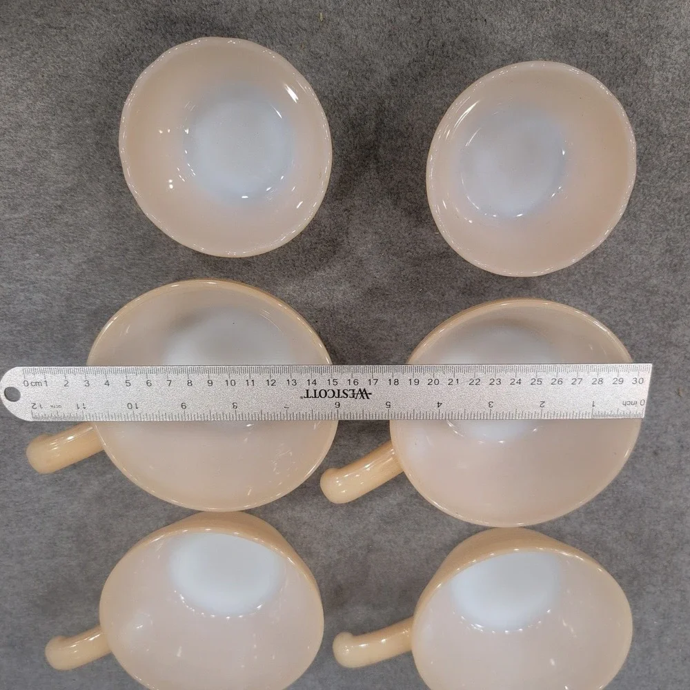 Fire King Peach‎ Luster Milk Glass Handled Chili Bowls and Custard Cups Set of 6